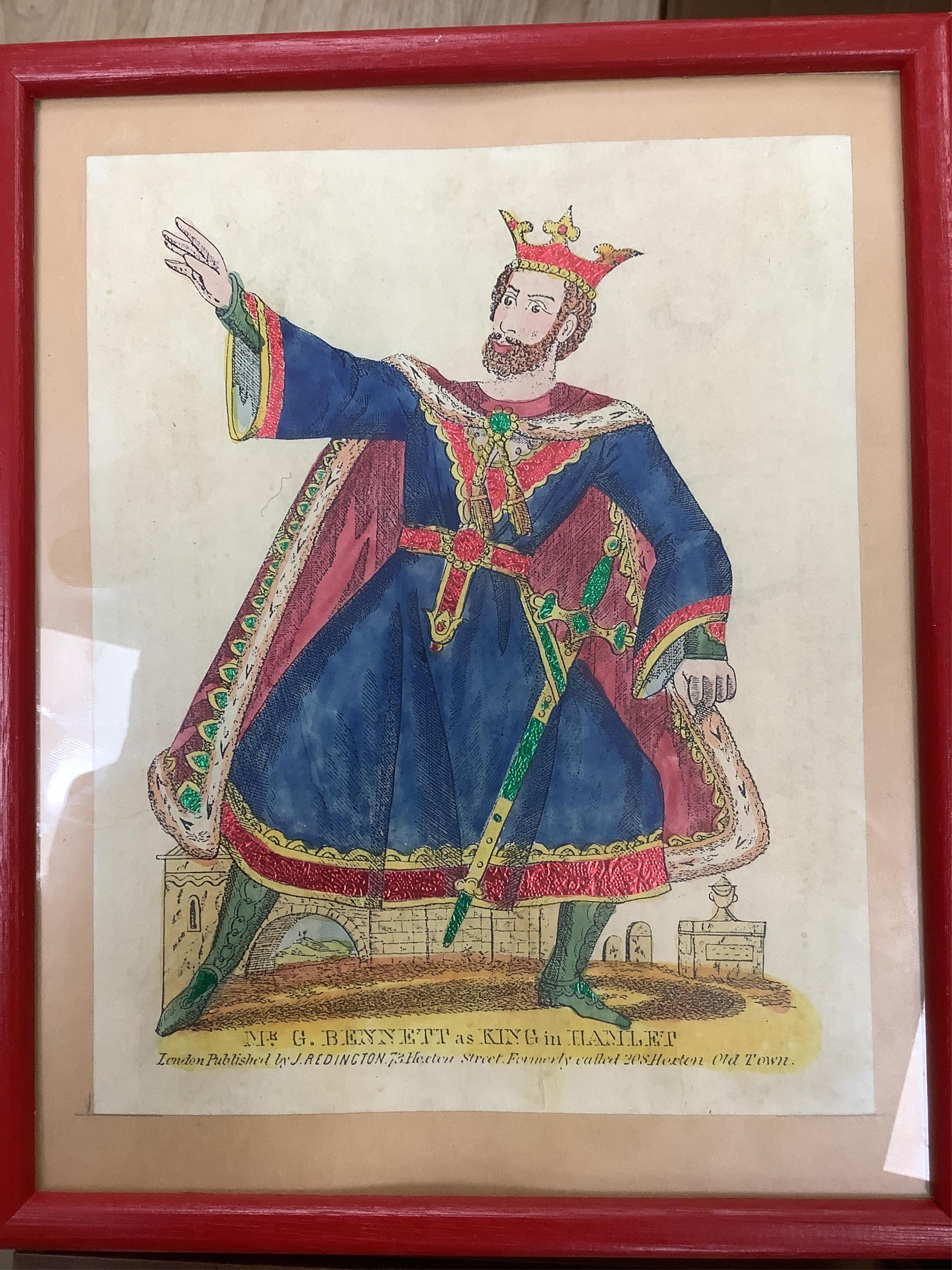 Juvenile drama, a group of 19 hand coloured and foiled toy theatre prints of characters, framed and glazed